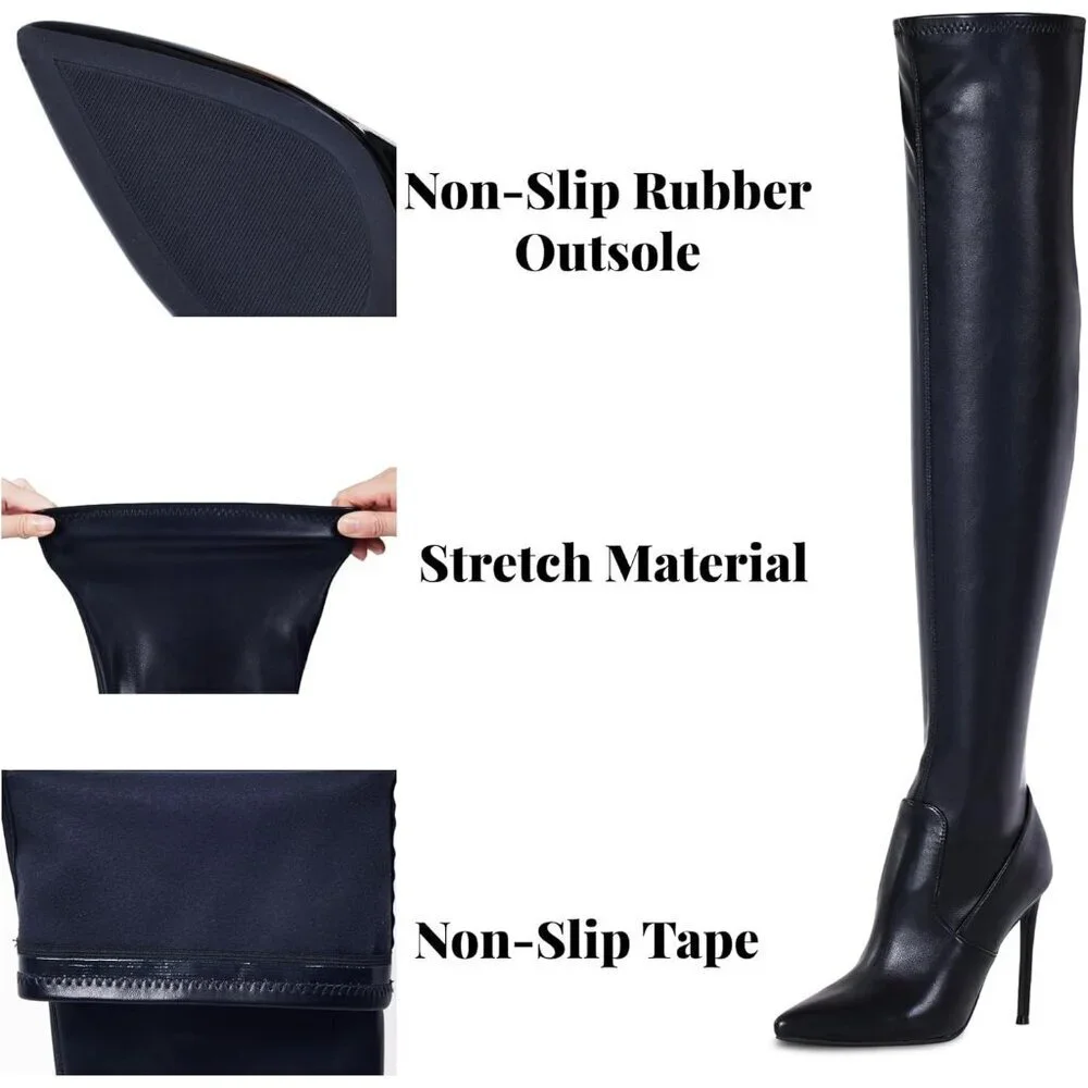 Women Black Matte Suede Pointed Toe 4.3 inch Stilettos Thigh High Heels Boots